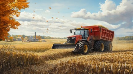 Obraz premium Red Tractor Harvesting Hay in a Golden Field