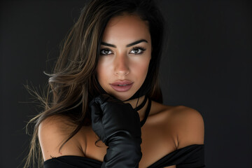 Naklejka premium A woman with long brown hair and a black dress is wearing a black glove