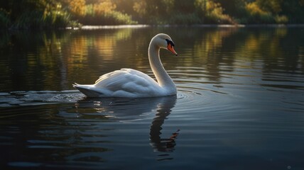 Fototapeta premium The swan's elegant neck curves as it glides through the water, creating ripples that distort its reflection.