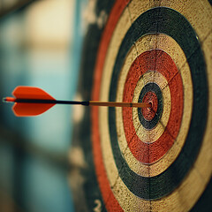 Success hitting target aim goal achievement concept background - darts in bull's eye close up. darts arrows in the target center business goal concept
