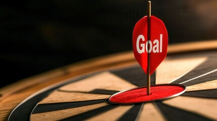 Obraz premium Close-up of a dartboard featuring a red dart with the word Goal, symbolizing achievement and precision.