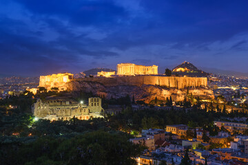 Famous greek tourist landmark - the iconic Parthenon Temple at the Acropolis of Athens as seen from...