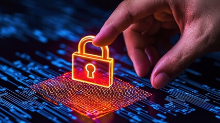 A person's hand hovering over a glowing digital padlock, over a circuit pattern, symbolizing secure data, with binary code streaming in the background.