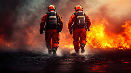 Firefighters in protective gear walking towards a raging fire.