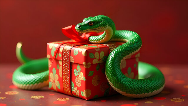 illustration of a green snake wrapping around a Christmas gift