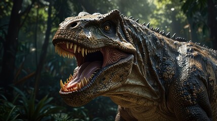 A fearsome T-Rex roars, its powerful body silhouetted against the dense jungle.