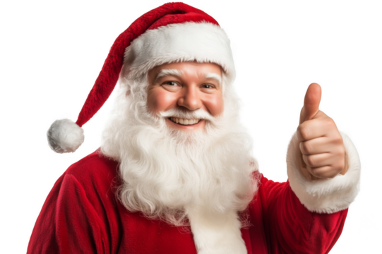 Portrait of a happy smiling Santa Claus giving a thumbs up isolated on the background. Santa clipart on a transparent background. Generative AI.