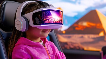A child enjoying virtual reality experience with VR headset in a futuristic environment.