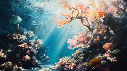 Underwater scene with colorful coral reef and sunlight rays, a vibrant ecosystem with fish swimming.