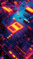 Obraz premium Glowing Central Processing Unit on Circuit Board Shines in Vibrant Neon Colors