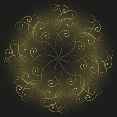 Elegant golden mandala on black background. Christmas lacy snowflake. Luxury design element of curved lines. Ornate elegance ornament.. Frost pattern on the window. Lacy classic vintage design