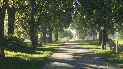 Obraz premium Serene American Countryside Scene with Charming Farmhouse in Cinematic Light \