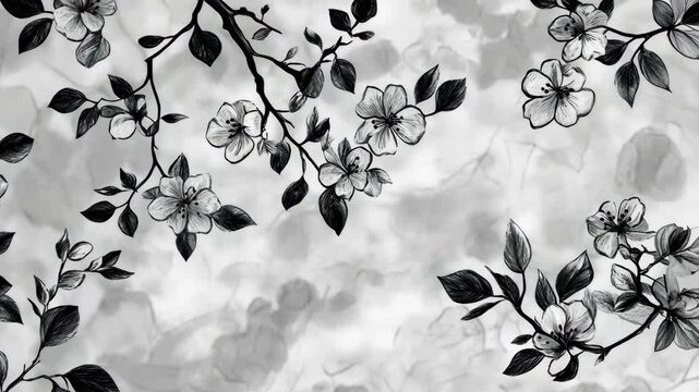 A delicate black and white illustration of a blooming cherry blossom branch