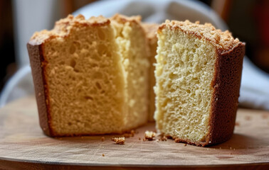 a loaf of bread cut in half, with the crust and interior visible, resting on a wooden cutting board.