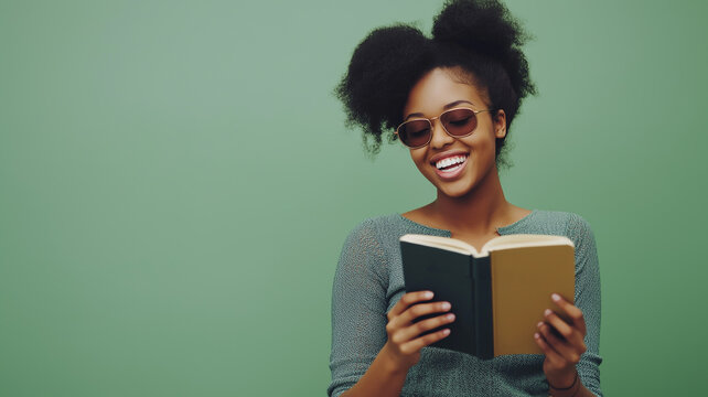 World Braille Day portrait of a visually impaired person reading a Braille book on a clean green background