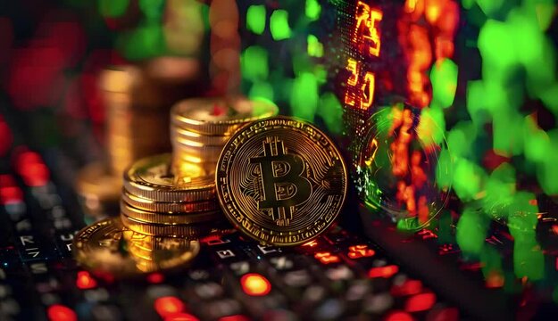 Cryptocurrency coins against tech binary abstract background.