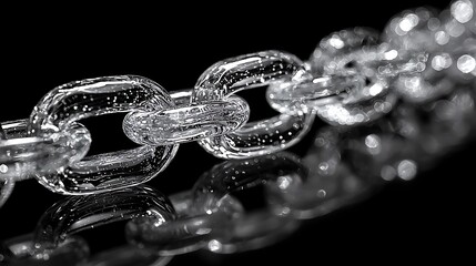 Close-up of a shiny silver chain with a reflection on a dark background.
