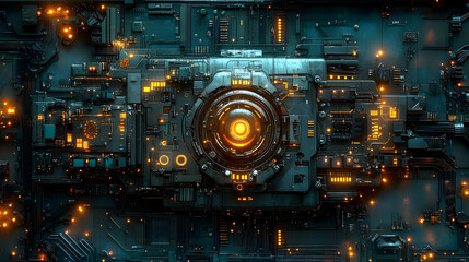 Fototapeta premium Futuristic Circuit Board with Glowing Core Elements and Intricate Details