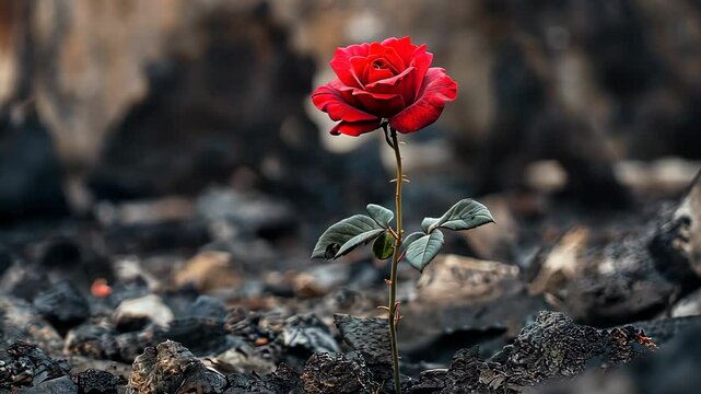 Emerging red rose flourishing from a bed of ashes