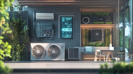 Modern Outdoor Air Conditioning System with Green Wall and Futuristic Interface