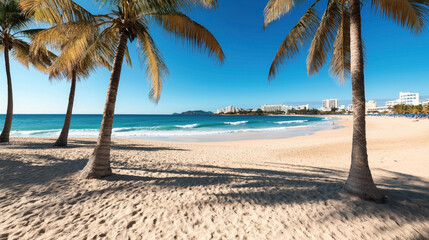 Obraz premium Tropical beach with palm trees, sandy shore, and turquoise ocean waves under a clear blue sky. Coastal cityscape with buildings visible in the background.