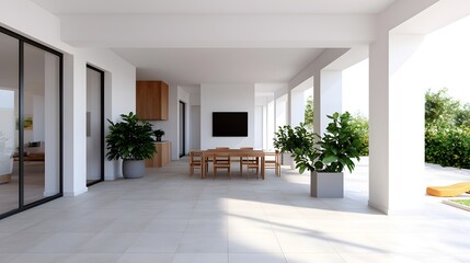 Obraz premium Modern outdoor dining area with lush greenery