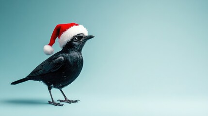 Fototapeta premium A festive blackbird wearing a Santa hat against a light blue background, showcasing a unique and playful twist on traditional holiday imagery.