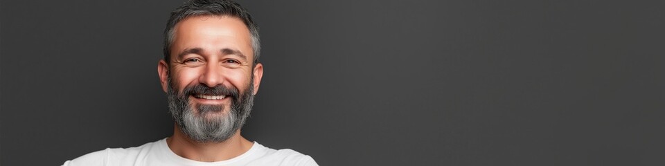 Fototapeta premium A man with a beard and a smile is standing in front of a gray wall. He is wearing a white shirt and he is happy