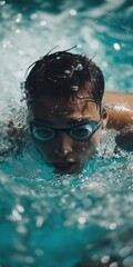 A man is swimming in a pool wearing goggles. The water is splashing around him and he is focused on his strokes