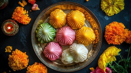 A festive plate of Modak sweet dumplings in vibrant colors, surrounded by marigold flowers and diya lamps, symbolizing joy and prosperity for Ganesh Chaturthi.