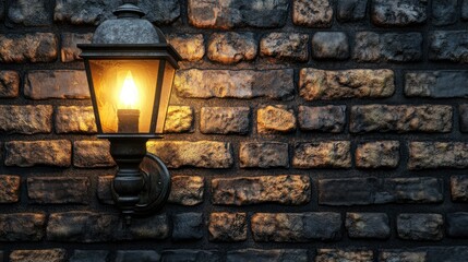 A gas light glows against the backdrop of a rugged brick wall, creating a picturesque scene that captures the essence of old-world charm.
