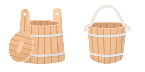 Set of wooden buckets flat style illustration. Sauna, bathhouse, spa object, design element isolated on white. © AnaRisyet