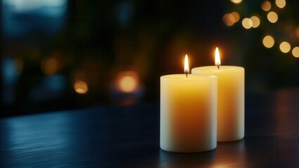 Two Burning Candles on Dark Table with Bokeh Background