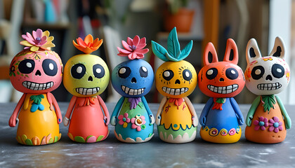 Fototapeta premium Six colorful, whimsical clay figurines with skull faces and floral details