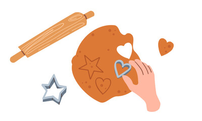 Kneading dough hands. Woman prepares homemade cookies. Top view. Cooking school. Flat vector illustration isolated on white background