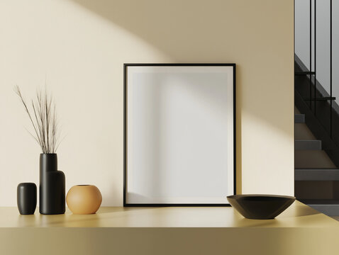 modern living room, room with a window, design scene with frame, beige warm-toned interior, empty photo frame, gallery, blank space, black photo frame