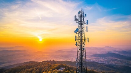 Telecommunication tower on the mountain with beautiful sunrise in the background. Copy space.