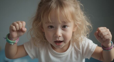 Naklejka premium Zoe - Enthusiastic Blonde Toddler Girl with Raised Fist, Expressing Determination and Victory