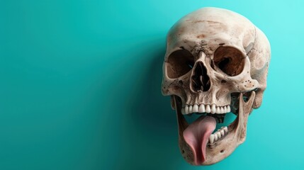 Obraz premium A Human Skull with a Protruding Tongue Against a Turquoise Background
