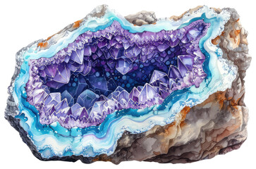 Amethyst Geode Watercolor Painting Isolated on Transparent Background.