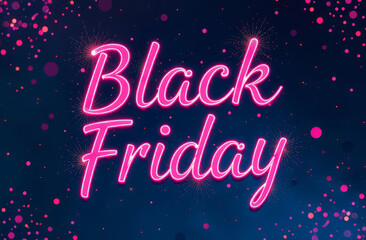 The inscription is Black Friday in pink neon letters in thin italics on a blue background.