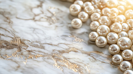 Pearls delicately scattered across a marble surface with golden veins
