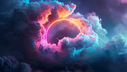 An abstract cloud, illuminated with a neon light ring against a dark background, creating a dreamy