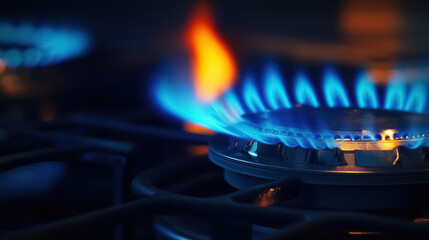 An ignited kitchen gas stove burner with a dancing blue flame