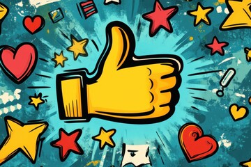 A colorful illustration of a thumbs up icon surrounded by survey options and ratings, with stars and hearts showing positive feedback in a modern digital interface