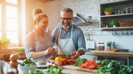 A joyful middle-aged couple laughs together while preparing a meal in their cozy kitchen