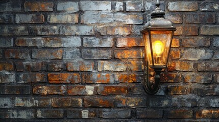 A solitary gas light flickers against a textured brick wall, evoking a sense of nostalgia and charm, perfect for evening or historical settings.
