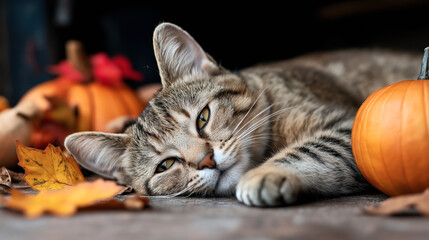 Close-up of a tabby cat lying on the ground surrounded by orange pumpkins and autumn leaves, conveying an autumnal and cozy atmosphere.
