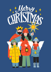 Merry Christmas. Christmas carolers. Nativity Scene costums. Greeting card with hand drawn lettering.