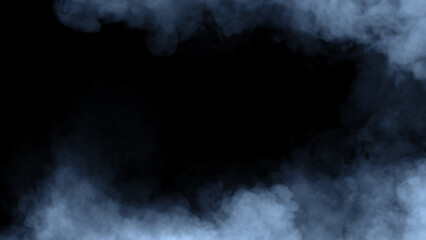 Abstract blue fire smoke misty fog on isolated black background. Texture overlays. Design element.